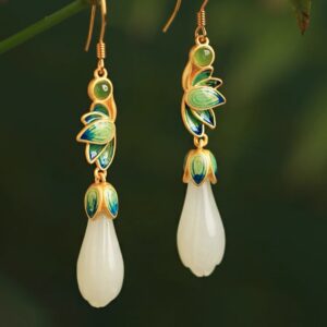 Hetian Jade Enamel Earrings - Lotus