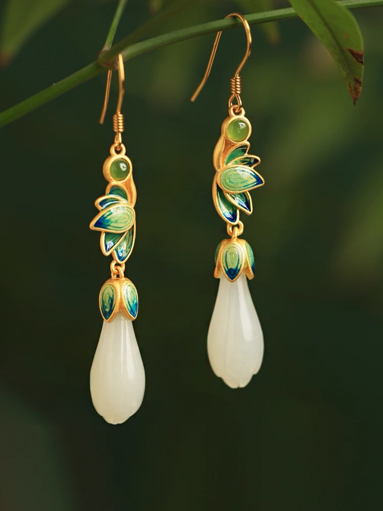 Hetian Jade Enamel Earrings - Lotus