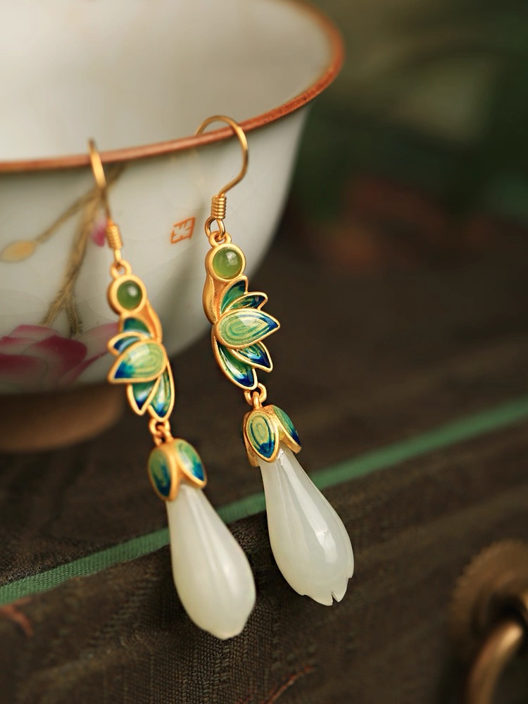 Hetian Jade Enamel Earrings - Lotus - Image 2