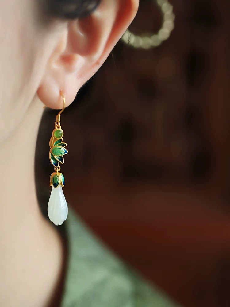 Hetian Jade Enamel Earrings - Lotus - Image 3