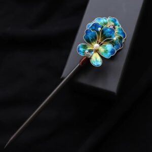 Velvet Blossom Hairpin with Wooden Base - Peacock Blue Velvet