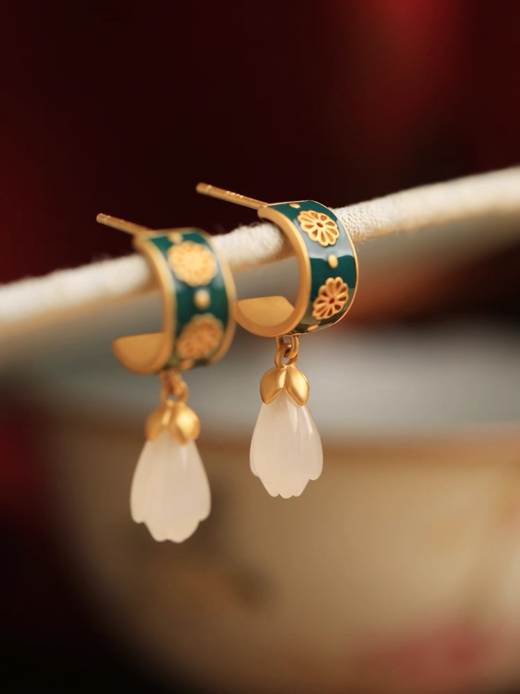 Hetian Jade Enamel Earrings - Tulip