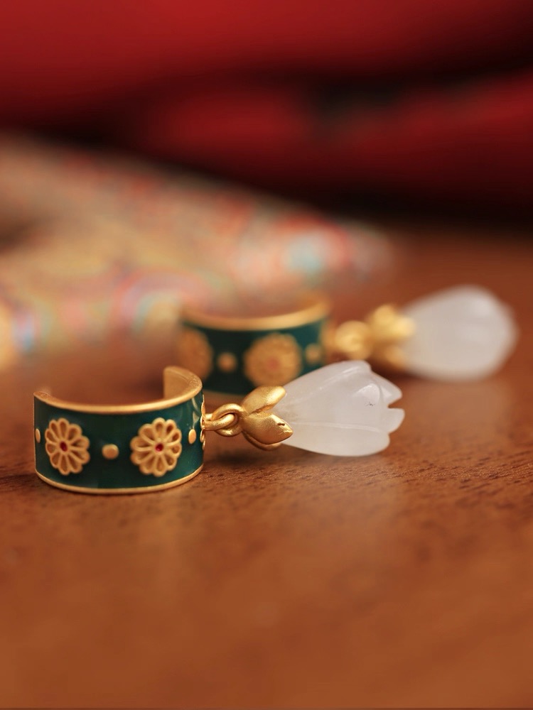 Hetian Jade Enamel Earrings - Tulip - Image 2