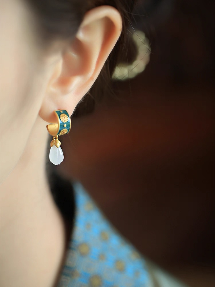 Hetian Jade Enamel Earrings - Tulip - Image 3