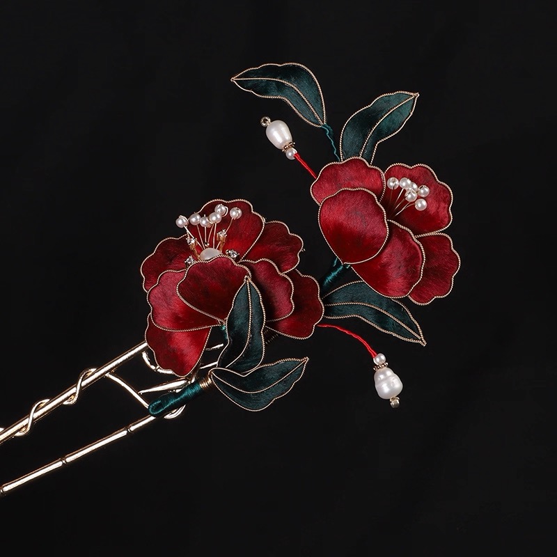 Velvet Blossom Hairpin - Red