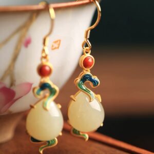 Hetian Jade Enamel Earrings - Auspicious Cloud