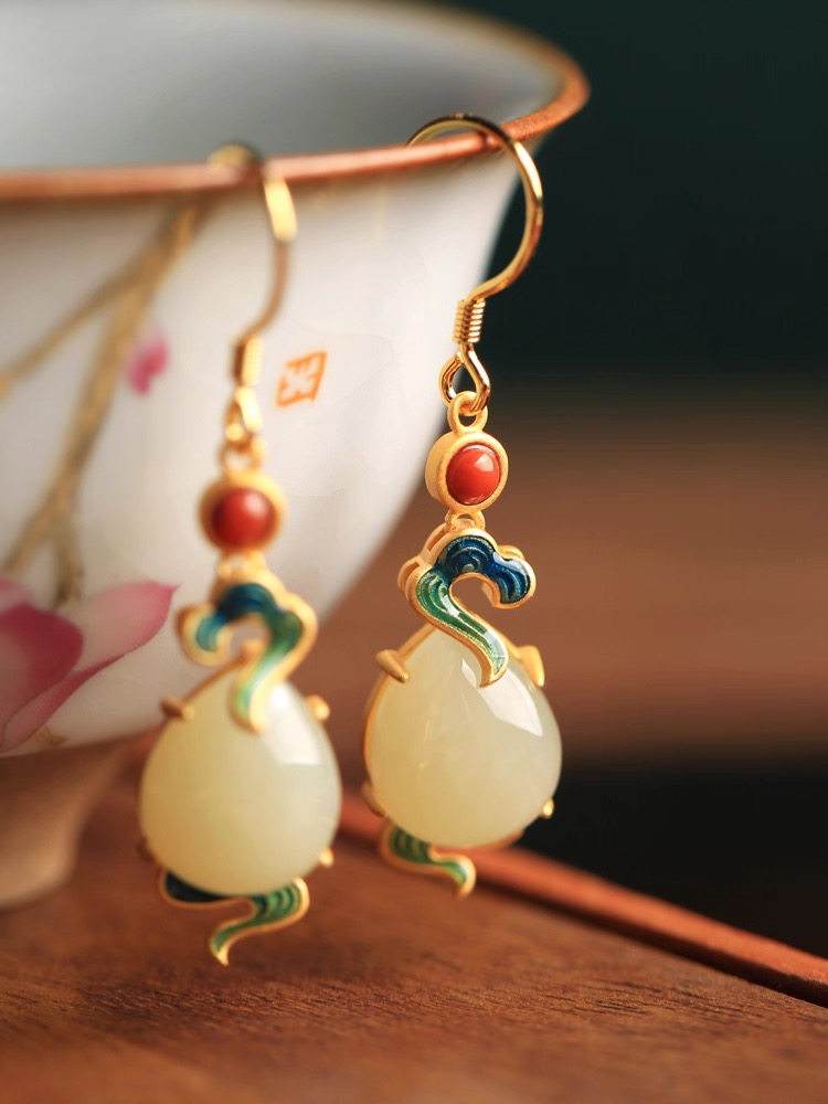 Hetian Jade Enamel Earrings - Auspicious Cloud