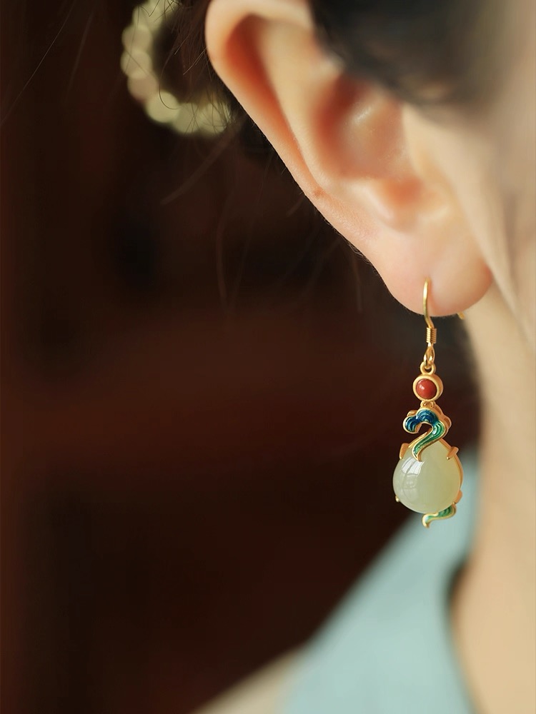 Hetian Jade Enamel Earrings - Auspicious Cloud - Image 2