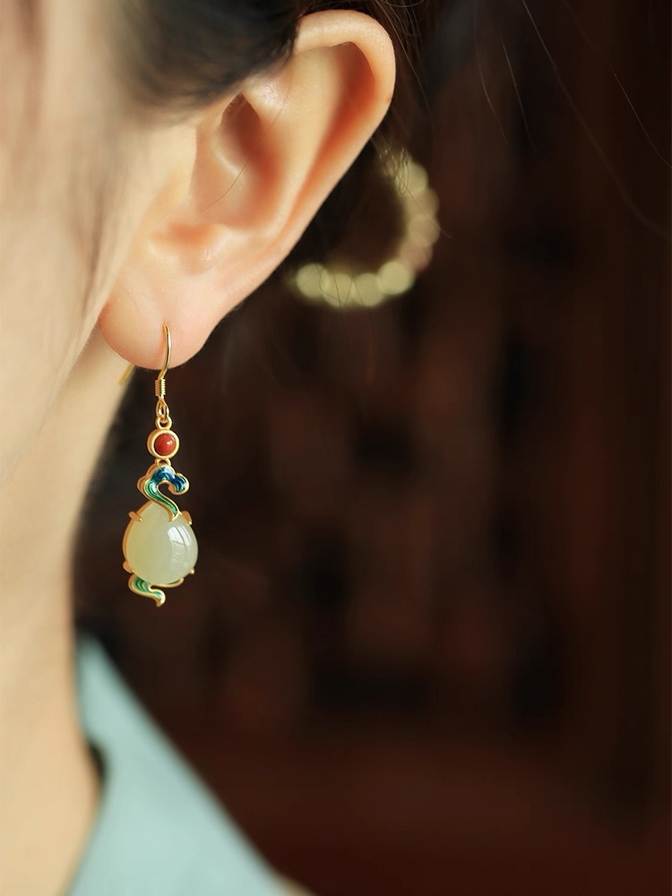 Hetian Jade Enamel Earrings - Auspicious Cloud - Image 3