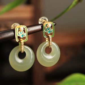 Hetian Jade Enamel Earrings - Peace Amulet Pendant