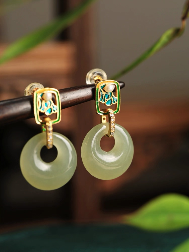 Hetian Jade Enamel Earrings - Peace Amulet Pendant