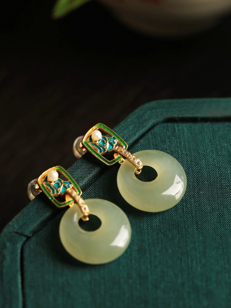 Hetian Jade Enamel Earrings - Peace Amulet Pendant - Image 2