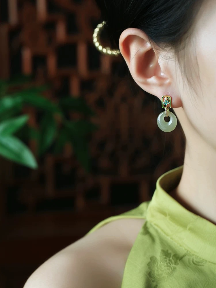 Hetian Jade Enamel Earrings - Peace Amulet Pendant - Image 3