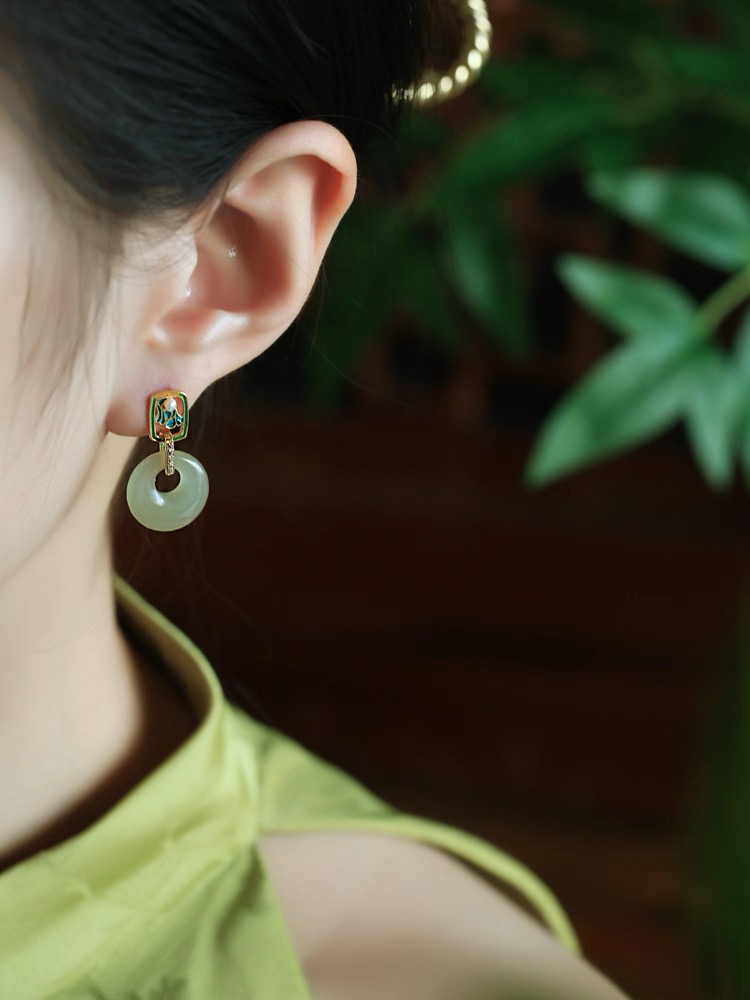 Hetian Jade Enamel Earrings - Peace Amulet Pendant - Image 4