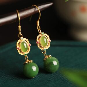 Green Hetian Jade Enamel Earrings