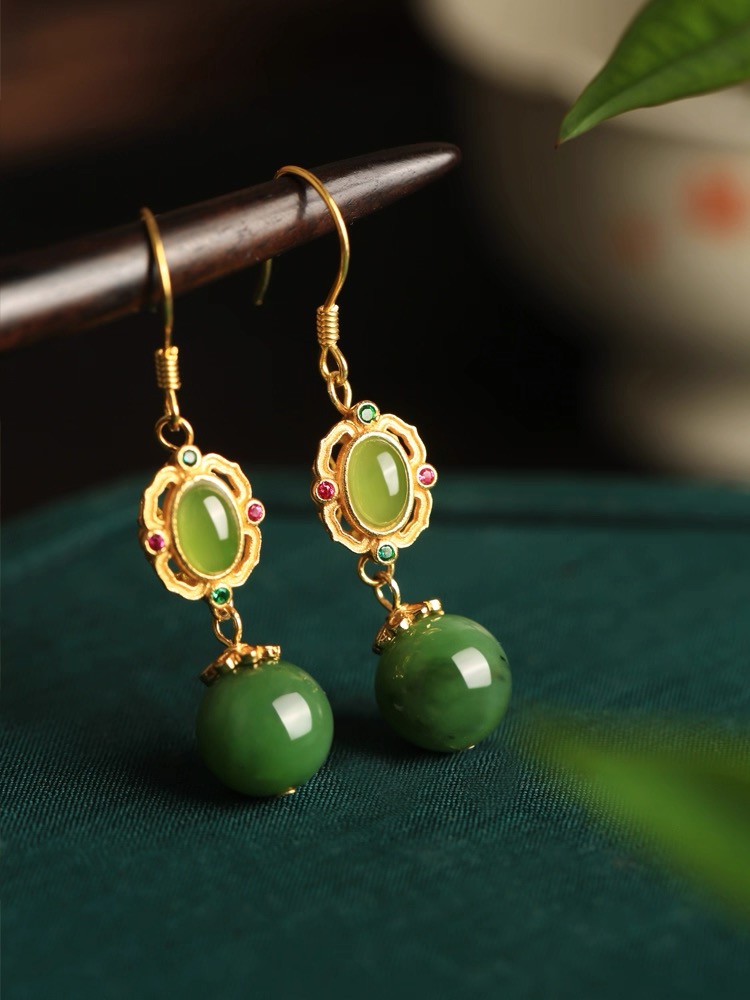 Green Hetian Jade Enamel Earrings