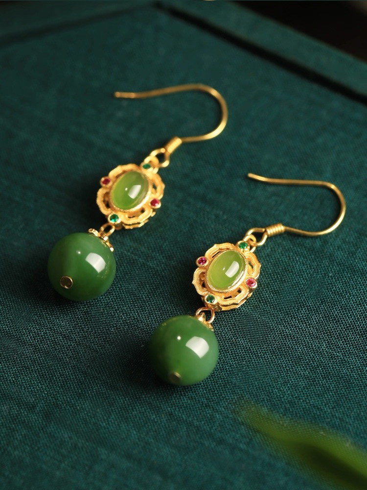 Green Hetian Jade Enamel Earrings - Image 2