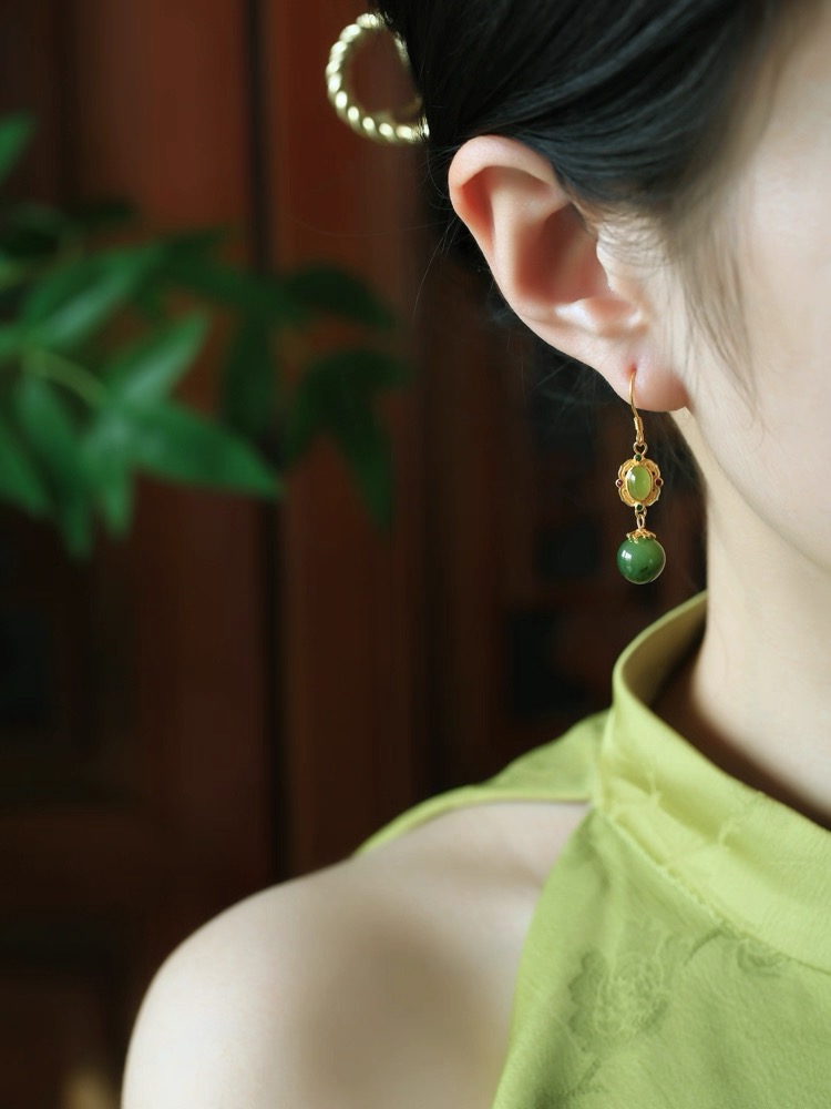 Green Hetian Jade Enamel Earrings - Image 3