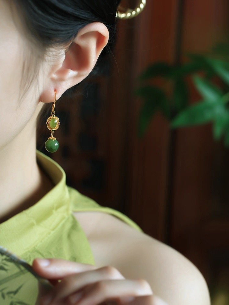 Green Hetian Jade Enamel Earrings - Image 4