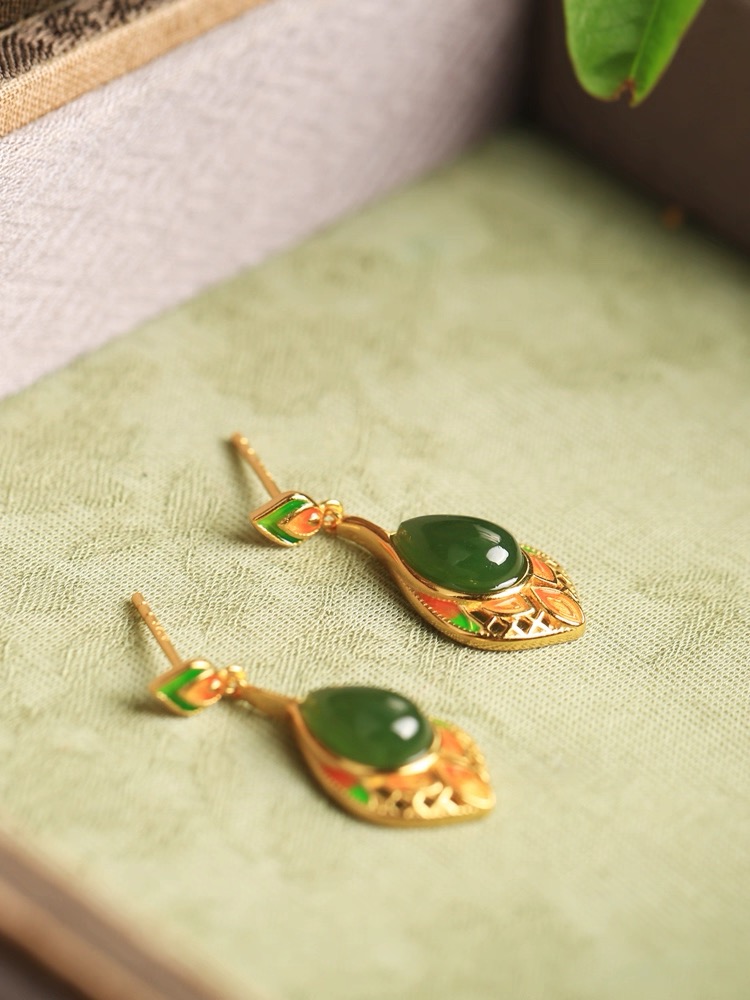 Hetian Jade Enamel Earrings - Teardrop