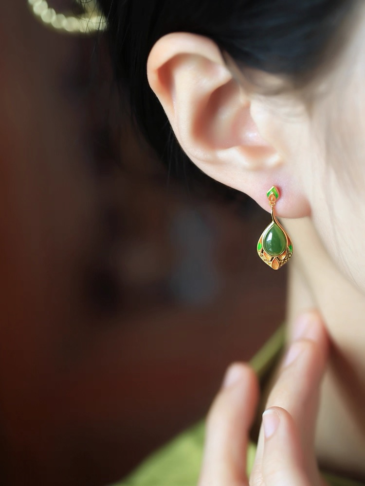 Hetian Jade Enamel Earrings - Teardrop - Image 2