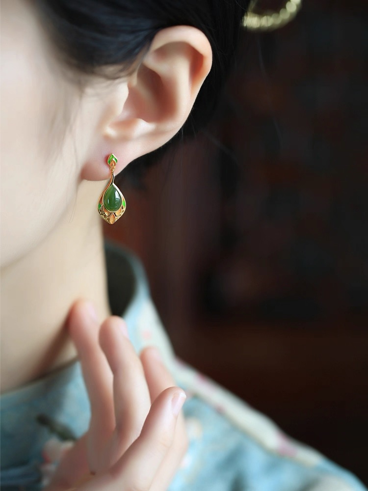 Hetian Jade Enamel Earrings - Teardrop - Image 3