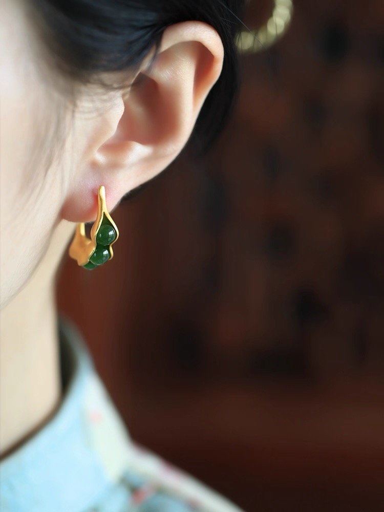 Hetian Jade Earrings - Lucky Bean - Image 3