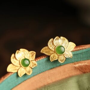 Green Hetian Jade Earrings - Lotus