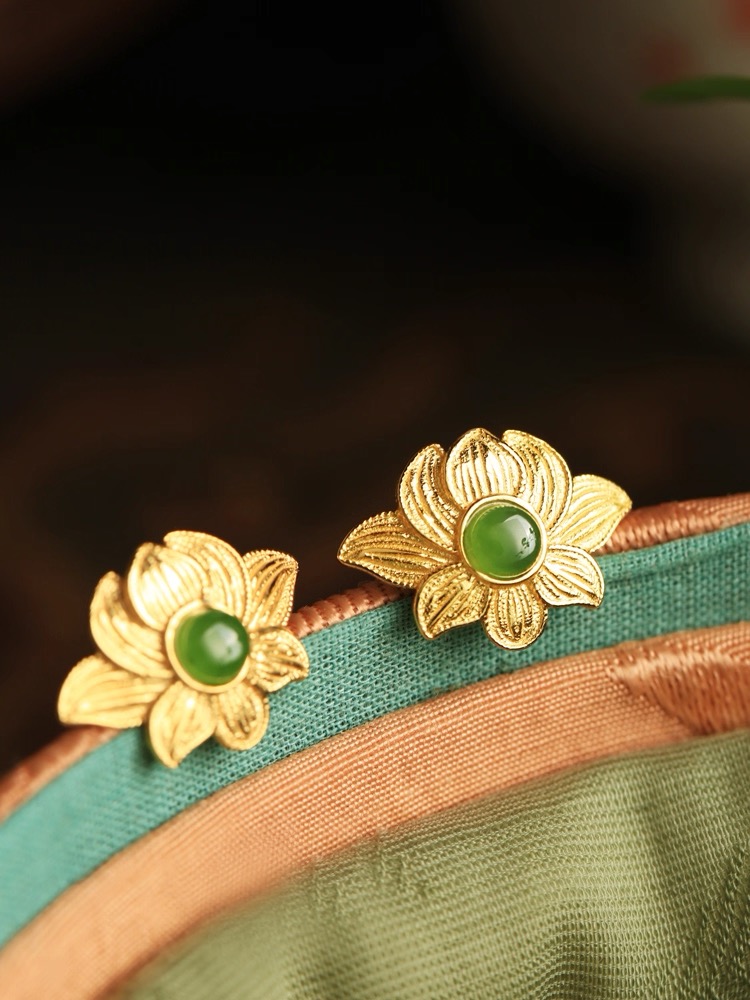 Green Hetian Jade Earrings - Lotus