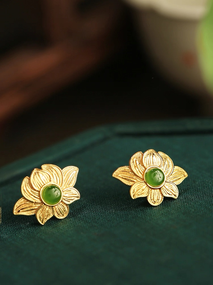 Green Hetian Jade Earrings - Lotus - Image 2