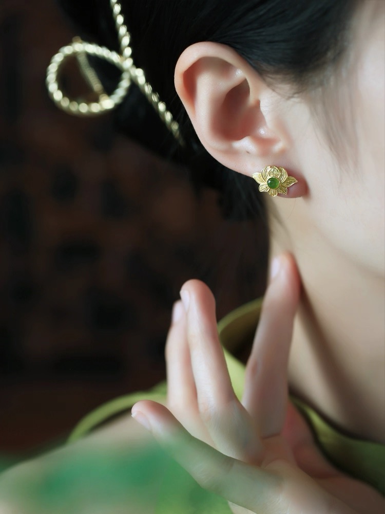 Green Hetian Jade Earrings - Lotus - Image 3