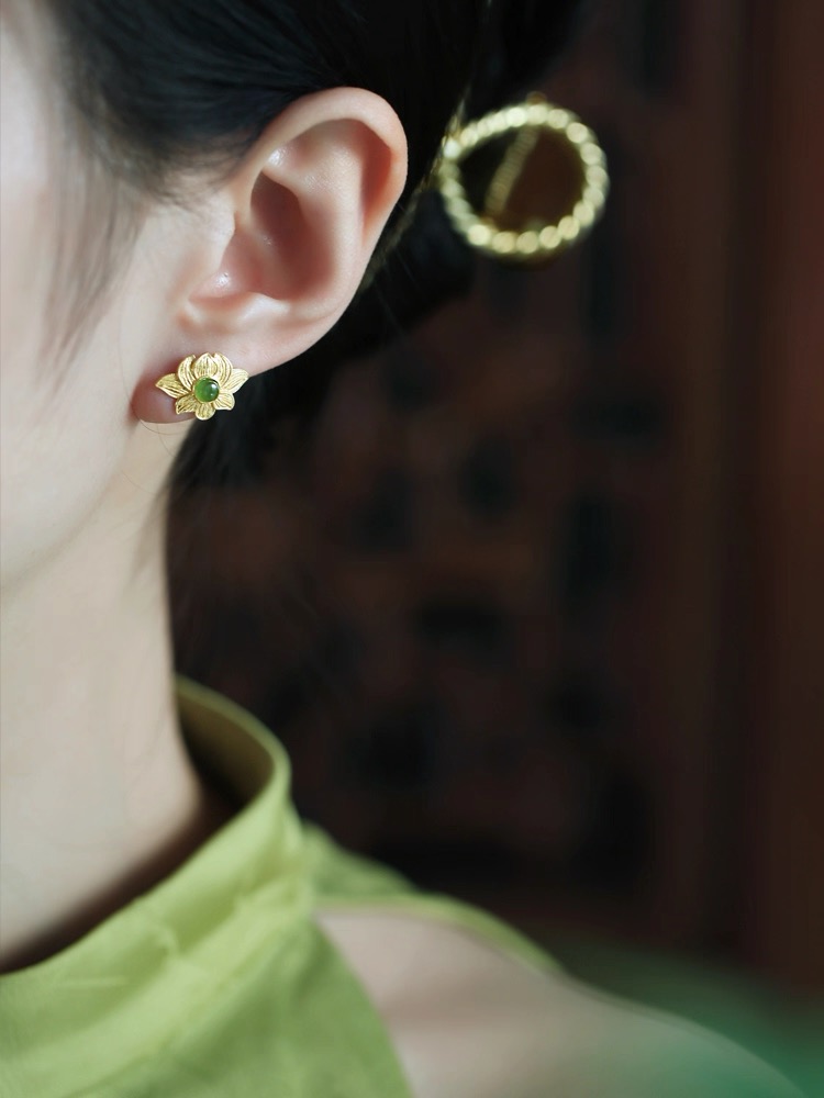 Green Hetian Jade Earrings - Lotus - Image 4
